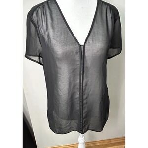 Chelsea28 Womens Blouse Black Short Cap Sleeve V-Neck Sheer Pullover‎ Size S